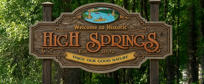 The carved welcome sign for historic High Springs, established 1892