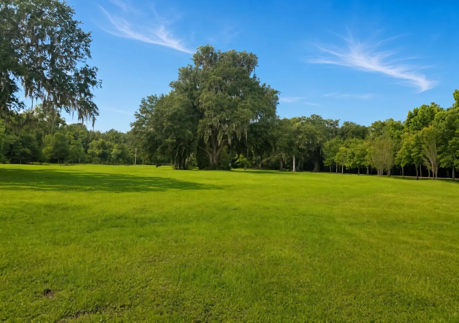 The open meadow at the front of the property, with a live oak draped in Spanish moss and the tree line beyond