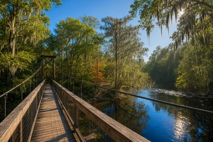 The historic suspension bridge over the Santa Fe River at O'Leno State Park