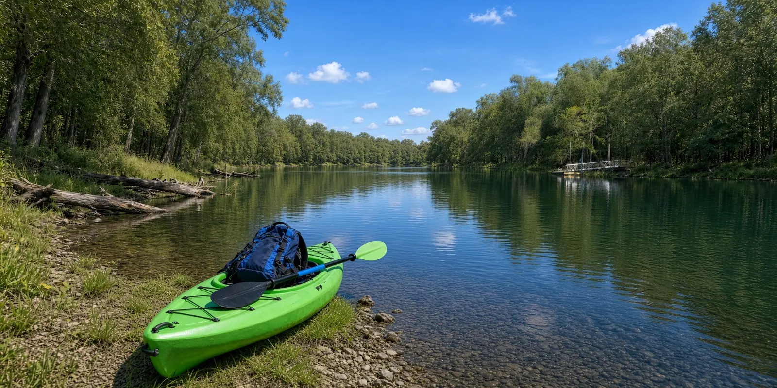 A kayak and daypack on the bank of the Santa Fe River, ready to put in