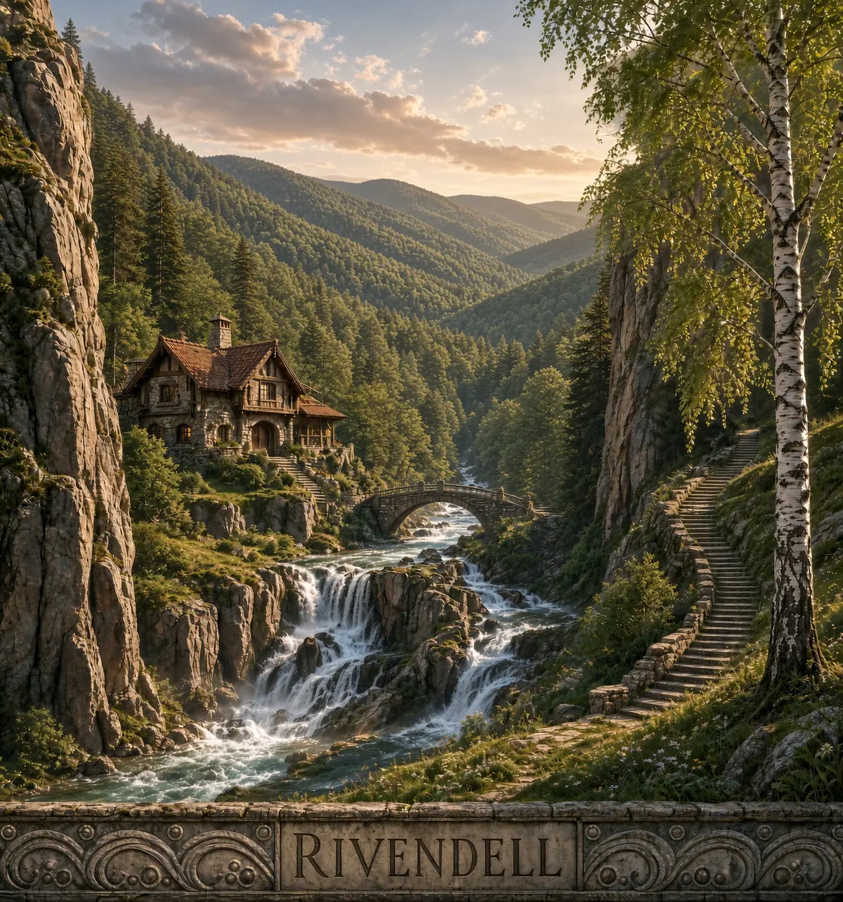 An illustration of Rivendell: a house above a gorge, with waterfalls, a stone bridge and forested hills beyond