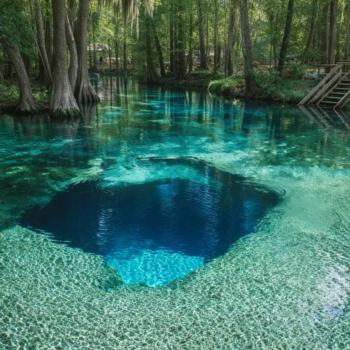 A deep blue spring vent opening into the limestone cavern below