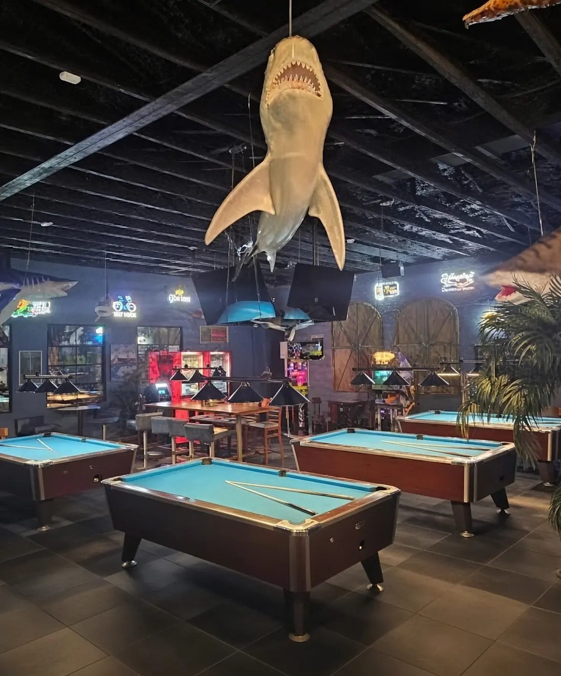 The pool room at the Watershed Restaurant in High Springs, with a mounted shark hanging over the tables